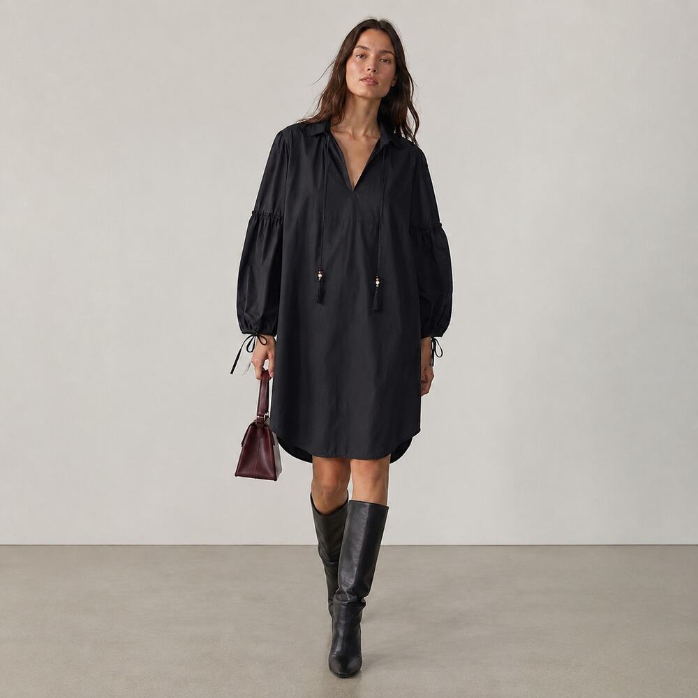 Max Mara Fedora Tasseled Cotton Poplin Shirt Midi Dress Womens 8 Black Relaxed
